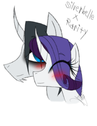 Size: 888x1150 | Tagged: safe, artist:didun850, rarity, oc, oc:silverbelle, pony, unicorn, g4, bags under eyes, blushing, canon x oc, eye clipping through hair, eyes closed, female, male, mare, simple background, smiling, solo, stallion, white background