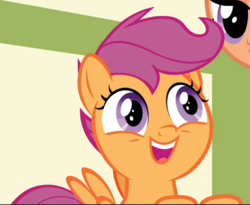 Size: 955x783 | Tagged: safe, screencap, scootaloo, pegasus, pony, g4, the last crusade, cropped, cute, cutealoo, female, filly, offscreen character, open mouth, smiling, solo, wide eyes