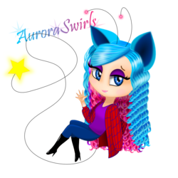 Size: 700x700 | Tagged: safe, artist:auroraswirls, oc, oc only, oc:aurora swirls, human, boots, clothes, eared humanization, female, high heel boots, humanized, makeup, shoes, simple background, sitting, smiling, text, transparent background, waving