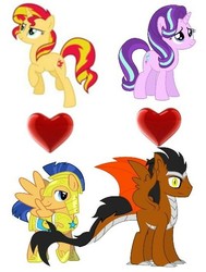 Size: 503x667 | Tagged: safe, flash sentry, starlight glimmer, sunset shimmer, oc, oc:draco k-night blaze, dracony, dragon, hybrid, kirin, pegasus, pony, unicorn, g4, canon x oc, female, male, ship:flashimmer, shipping, stallion, straight