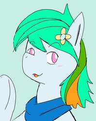 Size: 1626x2048 | Tagged: safe, artist:omegapony16, oc, oc only, oc:hermanus, earth pony, pony, blushing, bust, earth pony oc, eyebrows, eyebrows visible through hair, female, flower, green background, mare, neckerchief, raised hoof, simple background, smiling, solo, waving