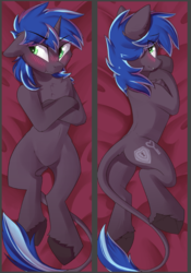 Size: 633x903 | Tagged: safe, artist:beardie, oc, oc only, oc:lock down, semi-anthro, arm hooves, blushing, body pillow, cute, male, on back, prone, solo, tsundere