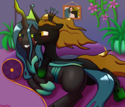 Size: 3500x3000 | Tagged: safe, artist:galacticham, queen chrysalis, oc, oc:prince ecosis, changeling, changeling queen, g4, the ending of the end, armor, blushing, canon x oc, changeling ecosis, changeling oc, ecolys, fangs, female, high res, licking, lidded eyes, looking at each other, male, on side, plants, smiling, straight, tongue out, ultimate chrysalis