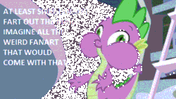 Size: 499x281 | Tagged: safe, edit, edited screencap, screencap, spike, dragon, friendship is magic, g4, caption, gif, implied farting, male, non-animated gif, puffy cheeks, solo, text