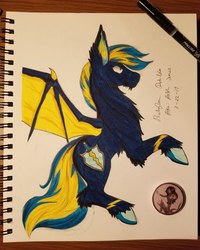 Size: 3024x3780 | Tagged: artist needed, safe, oc, oc only, oc:coldtoon, oc:knight blitz, bat pony, pony, bat pony oc, high res, photo, solo, standing up, traditional art, wings stretched