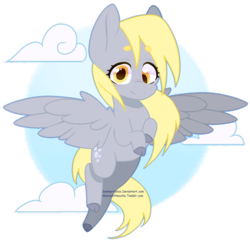 Size: 1024x995 | Tagged: safe, artist:sawberrykiss, derpy hooves, pegasus, pony, g4, abstract background, beanbrows, cloud, cloven hooves, colored hooves, cute, derpabetes, eyebrows, female, flying, heart eyes, mare, solo, spread wings, wingding eyes, wings