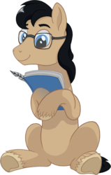 Size: 956x1500 | Tagged: safe, artist:crystalightx, oc, oc only, oc:paperback novel, earth pony, pony, 2020 community collab, derpibooru community collaboration, glasses, male, notebook, paper, quill, simple background, sitting, smiling, solo, stallion, transparent background, unshorn fetlocks