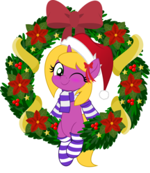 Size: 5000x5786 | Tagged: safe, artist:jhayarr23, part of a set, oc, oc only, oc:bright star, pony, unicorn, blushing, christmas, clothes, hat, holiday, jhayarr23's holiday ych, movie accurate, one eye closed, santa hat, scarf, simple background, socks, solo, striped socks, transparent background, wink, wreath, ych result
