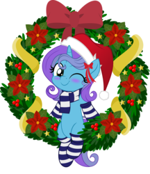 Size: 5000x5786 | Tagged: safe, artist:jhayarr23, part of a set, oc, oc only, oc:untitled work, pony, unicorn, blushing, christmas, christmas wreath, clothes, hat, holiday, jhayarr23's holiday ych, movie accurate, one eye closed, santa hat, scarf, simple background, socks, solo, striped socks, transparent background, wink, wreath, ych result