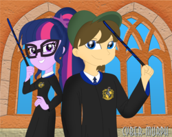 Size: 2727x2176 | Tagged: safe, artist:cyber-murph, sci-twi, twilight sparkle, oc, unnamed oc, equestria girls, g4, commission, crossover, facial hair, glasses, goatee, hand on hip, harry potter (series), hat, high res, hogwarts, hufflepuff, ponytail, ravenclaw, signature, wand, wizard robe