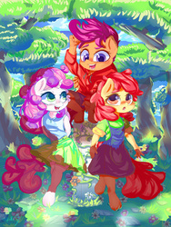 Size: 1800x2400 | Tagged: safe, artist:velcius, apple bloom, scootaloo, sweetie belle, earth pony, pegasus, pony, unicorn, anthro, g4, clothes, cutie mark crusaders, flower, forest, open mouth, traditional art, tree