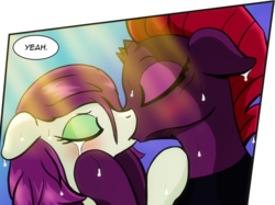 Size: 2080x1556 | Tagged: safe, artist:dsana, edit, fizzlepop berrytwist, tempest shadow, oc, oc:thistledown, earth pony, pony, unicorn, comic:a storm's lullaby, g4, blushing, canon x oc, comic, cropped, crying, duo, eyes closed, female, holding head, hoof hold, kiss on the lips, kissing, lesbian, mare, shipping, sunlight, teary eyes, tsundere, tsundere shadow, wet, yeah
