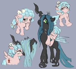 Size: 1630x1481 | Tagged: safe, artist:pitscoper, cozy glow, queen chrysalis, changeling, changeling queen, pegasus, pony, g4, cozy glow riding chrysalis, cozybetes, cute, cutealis, female, filly, foal, gray background, mommy chrissy, ponies riding changelings, riding, simple background, sketch, sketch dump