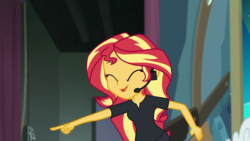 Size: 1920x1080 | Tagged: safe, screencap, sunset shimmer, all the world's off stage, equestria girls, equestria girls series, g4, all the world's off stage: twilight sparkle, female, headset, solo
