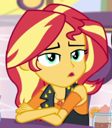 Size: 602x687 | Tagged: safe, screencap, sunset shimmer, dashing through the mall, equestria girls, equestria girls specials, g4, my little pony equestria girls: better together, my little pony equestria girls: holidays unwrapped, cropped, crossed arms, female, geode of empathy, magical geodes, solo