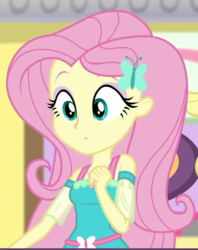 Size: 613x775 | Tagged: safe, screencap, fluttershy, dashing through the mall, equestria girls, equestria girls series, g4, holidays unwrapped, spoiler:eqg series (season 2), canterlot mall, cropped, cute, female, geode of fauna, hairpin, magical geodes, shyabetes, solo