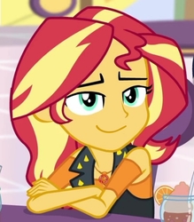 Size: 1262x1440 | Tagged: safe, edit, edited screencap, screencap, sunset shimmer, dashing through the mall, equestria girls, equestria girls specials, g4, my little pony equestria girls: better together, my little pony equestria girls: holidays unwrapped, cropped, cute, female, geode of empathy, happy, inverted mouth, magical geodes, solo