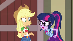Size: 1280x720 | Tagged: safe, screencap, applejack, sci-twi, twilight sparkle, equestria girls, equestria girls specials, g4, my little pony equestria girls: better together, my little pony equestria girls: holidays unwrapped, the cider louse fools, female, hand on hip
