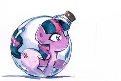 Size: 1600x1070 | Tagged: safe, artist:mashiromiku, twilight sparkle, alicorn, pony, g4, bottle, commission, cork, cute, merry christmas, pony in a bottle, simple background, traditional art, twilight sparkle (alicorn), watercolor painting, white background, wide eyes