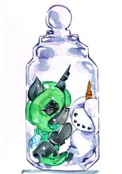 Size: 1600x2286 | Tagged: safe, artist:mashiromiku, queen chrysalis, g4, christmas changeling, clothes, commission, cute, cutealis, green changeling, hearth's warming eve, jar, looking at you, pony in a bottle, scarf, snowpony, suspicious, traditional art, watercolor painting