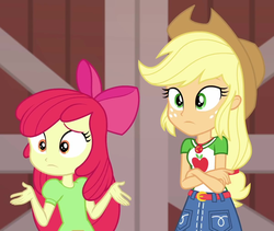 Size: 1201x1014 | Tagged: safe, screencap, apple bloom, applejack, equestria girls, equestria girls series, g4, holidays unwrapped, the cider louse fools, spoiler:eqg series (season 2), apple bloom's bow, apple sisters, applejack's hat, barn, belt, bow, clothes, cowboy hat, cropped, denim skirt, female, freckles, geode of super strength, hair bow, hat, magical geodes, shrug, siblings, sisters, skirt, stetson