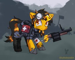 Size: 3000x2394 | Tagged: safe, artist:ivyredmond, oc, oc only, pony, unicorn, fallout equestria, bandage, bandaged leg, clothes, goggles, gun, high res, horn, medkit, simple background, suit, unicorn oc, weapon