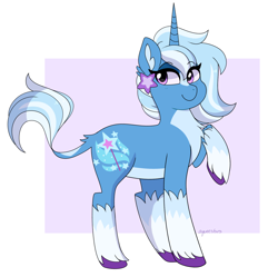 Size: 2048x2043 | Tagged: safe, artist:emera33, trixie, classical unicorn, pony, unicorn, g4, alternate design, alternate hairstyle, chest fluff, coat markings, female, hairclip, high res, horn, leonine tail, mare, pale belly, smiling, socks (coat markings), solo, unshorn fetlocks