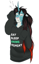 Size: 598x970 | Tagged: safe, artist:blackblood-queen, oc, oc only, oc:annie belle, dracony, hybrid, unicorn, anthro, anthro oc, clothes, coat markings, cute, cute little fangs, digital art, fangs, female, freckles, mare, morning ponies, neck freckles, simple background, solo, sweater