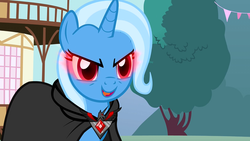 Size: 1280x720 | Tagged: safe, screencap, trixie, pony, unicorn, g4, magic duel, alicorn amulet, cloak, clothes, female, hub logo, mare, red eyes, solo