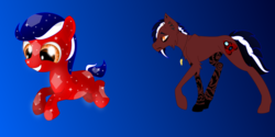Size: 1200x600 | Tagged: safe, artist:auroraswirls, oc, oc only, oc:private i, crystal pony, earth pony, pony, base used, colt, duo, frown, gradient background, grin, happy, male, sad, smiling, stallion, story included