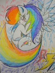 Size: 720x960 | Tagged: safe, artist:petanoprime, rainbow dash, pegasus, pony, g4, female, looking back, mare, solo, text, traditional art