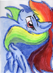 Size: 2550x3510 | Tagged: safe, artist:petanoprime, rainbow dash, pegasus, pony, g4, female, high res, looking back, mare, signature, smiling, solo, traditional art