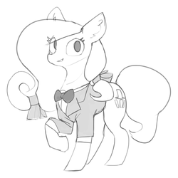 Size: 856x856 | Tagged: safe, artist:redruin01, oc, oc only, earth pony, pony, bow, bowtie, clothes, grin, hair bow, lineart, monochrome, raised hoof, sketch, smiling, solo, suit