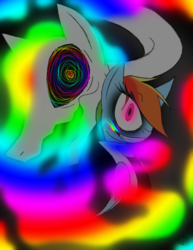Size: 888x1150 | Tagged: safe, artist:didun850, rainbow dash, oc, oc:white the rainbow factor, pegasus, pony, fanfic:rainbow factory, g4, abstract background, duo, eyeliner, grin, makeup, smiling, swirly eyes