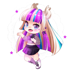 Size: 800x840 | Tagged: safe, artist:ipun, oc, oc only, oc:starlight nova, human, boots, chibi, clothes, cute, deviantart watermark, eared humanization, female, humanized, microphone, miniskirt, moe, obtrusive watermark, ocbetes, pleated skirt, shoes, simple background, skirt, solo, transparent background, watermark