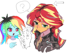 Size: 886x650 | Tagged: safe, artist:ceitama, rainbow dash, sunset shimmer, equestria girls, g4, dialogue, japanese, pointing, simple background, translated in the comments