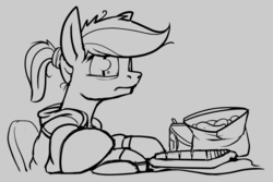 Size: 806x537 | Tagged: safe, artist:dacaoo, rainbow dash, pony, g4, alternate hairstyle, chips, clothes, computer mouse, female, food, hoodie, keyboard, monochrome, ponytail, soda can, solo
