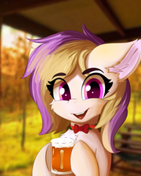 Size: 1200x1500 | Tagged: safe, artist:lunar froxy, oc, oc only, oc:pings, earth pony, pony, alcohol, australia, beer, bowtie, bust, cheek fluff, chest fluff, christmas, ear fluff, eye clipping through hair, female, holiday, looking at you, mare, outback, portrait, smiling, solo