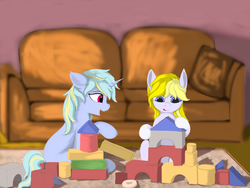 Size: 4608x3456 | Tagged: safe, artist:lemonsoup, oc, oc:cevy cyanstrings, oc:dreamy cyanstrings, pegasus, pony, unicorn, brother and sister, colt, female, filly, foal, male, siblings, toy, toy block