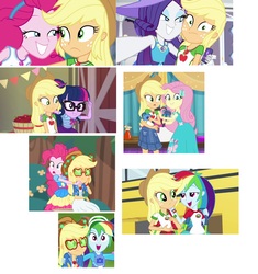 Size: 2825x3010 | Tagged: safe, edit, edited screencap, screencap, applejack, fluttershy, pinkie pie, rainbow dash, rarity, sci-twi, twilight sparkle, accountibilibuddies, accountibilibuddies: pinkie pie, best in show: the pre-show, camping must-haves, do it for the ponygram!, equestria girls, equestria girls specials, festival filters, g4, my little pony equestria girls: better together, my little pony equestria girls: choose your own ending, my little pony equestria girls: holidays unwrapped, my little pony equestria girls: legend of everfree, the cider louse fools, applejack gets all the mares, applejack's hat, applejack's sunglasses, barn, collage, comparison, cowboy hat, eyeshadow, faic, female, geode of fauna, geode of shielding, geode of super strength, geode of telekinesis, hat, high res, lidded eyes, magical geodes, makeup, selfie, shipping fuel, sunglasses, uncomfortable