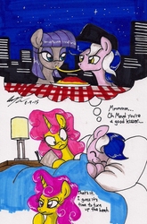 Size: 1087x1646 | Tagged: safe, artist:newyorkx3, maud pie, oc, oc:karen, oc:mikey (legacy), earth pony, pony, unicorn, g4, bed, blanket, book, building, canon x oc, cap, city, dream, female, food, hat, husband and wife, kakey, lady and the tramp, lamp, male, night, pasta, pillow, sleeping, table, this will end in sleeping on the couch, unamused