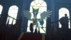 Size: 1920x1080 | Tagged: safe, artist:feuerrader-nmm, idw, princess celestia, pony, g4, reflections, spoiler:comic, 3d, evil celestia, evil counterpart, female, mirror universe, solo, staircase