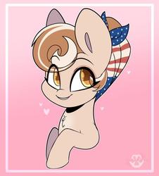 Size: 570x630 | Tagged: safe, artist:sakukitty, oc, oc only, oc:cinnamon spangled, earth pony, pony, bandana, bust, commission, cute, female, lip bite, mare, ocbetes, smiling, solo, updo, ych result