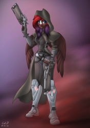 Size: 2400x3400 | Tagged: safe, artist:catdclassic, oc, oc only, oc:shaded star, pegasus, anthro, armor, boots, clothes, coat, high res, outfit, overwatch, reaper (overwatch), shoes, smiling, smoke, solo, weapon
