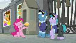 Size: 1920x1080 | Tagged: safe, screencap, brick house, cheese sandwich, pinkie pie, tough break, earth pony, pony, g4, the last laugh, female, male, mare, security guard, stallion