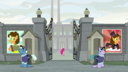 Size: 1920x1080 | Tagged: safe, screencap, brick house, cheese sandwich, pinkie pie, tough break, earth pony, pony, g4, the last laugh, factory, female, male, mare, security guard, stallion