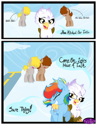 Size: 3500x4500 | Tagged: dead source, safe, artist:becauseimpink, gilda, rainbow dash, griffon, pegasus, pony, comic:transition, g4, cloud, comic, dialogue, female, filly, filly rainbow dash, grin, guilder, raised hoof, rule 63, side hug, smiling, transgender, younger