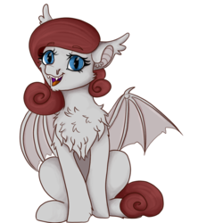 Size: 1000x1000 | Tagged: safe, artist:drops-of-blood, oc, oc only, oc:queen stan, bat pony, pony, 2020 community collab, derpibooru community collaboration, bat pony oc, chest fluff, chin fluff, ear fluff, fangs, female, looking at you, simple background, sitting, solo, spread wings, transparent background, wings