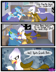 Size: 3500x4500 | Tagged: dead source, safe, artist:becauseimpink, gilda, rainbow dash, griffon, pegasus, pony, comic:transition, g4, bed, cap, clothes, comic, dialogue, eyes closed, female, guilder, hat, lying down, mare, pillow, reading, rule 63, transgender, unshorn fetlocks