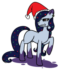 Size: 644x764 | Tagged: safe, artist:dragonflyfire8, artist:ponebox, oc, oc only, earth pony, pony, christmas, coat markings, collaboration, disgusted, ear piercing, earring, earth pony oc, ethereal mane, female, hair over one eye, hat, holiday, jewelry, mare, piercing, raised hoof, santa hat, simple background, socks (coat markings), solo, starry mane, transparent background